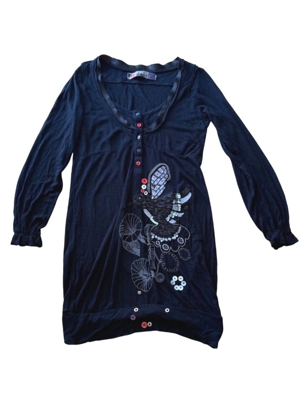 Desigual Women's Tunic Dress Size L Black Hummingbird Sequin Henley Long Sleeve